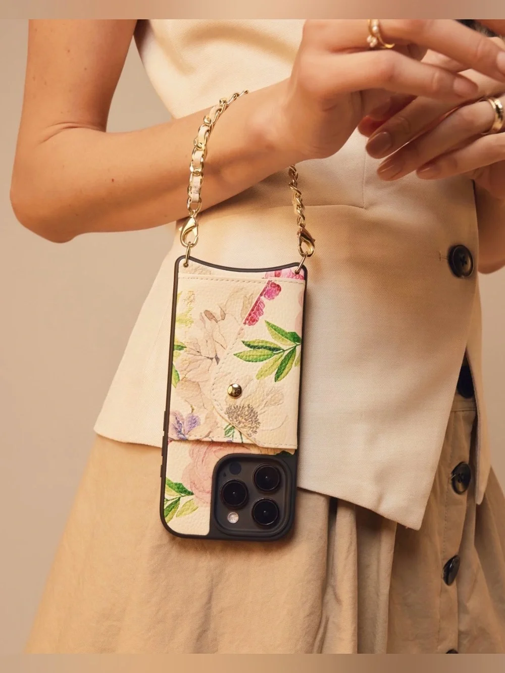 Bandolier Lily Ceci Ivory Floral Gold iPhone 13 Pro Leather Case + Strap